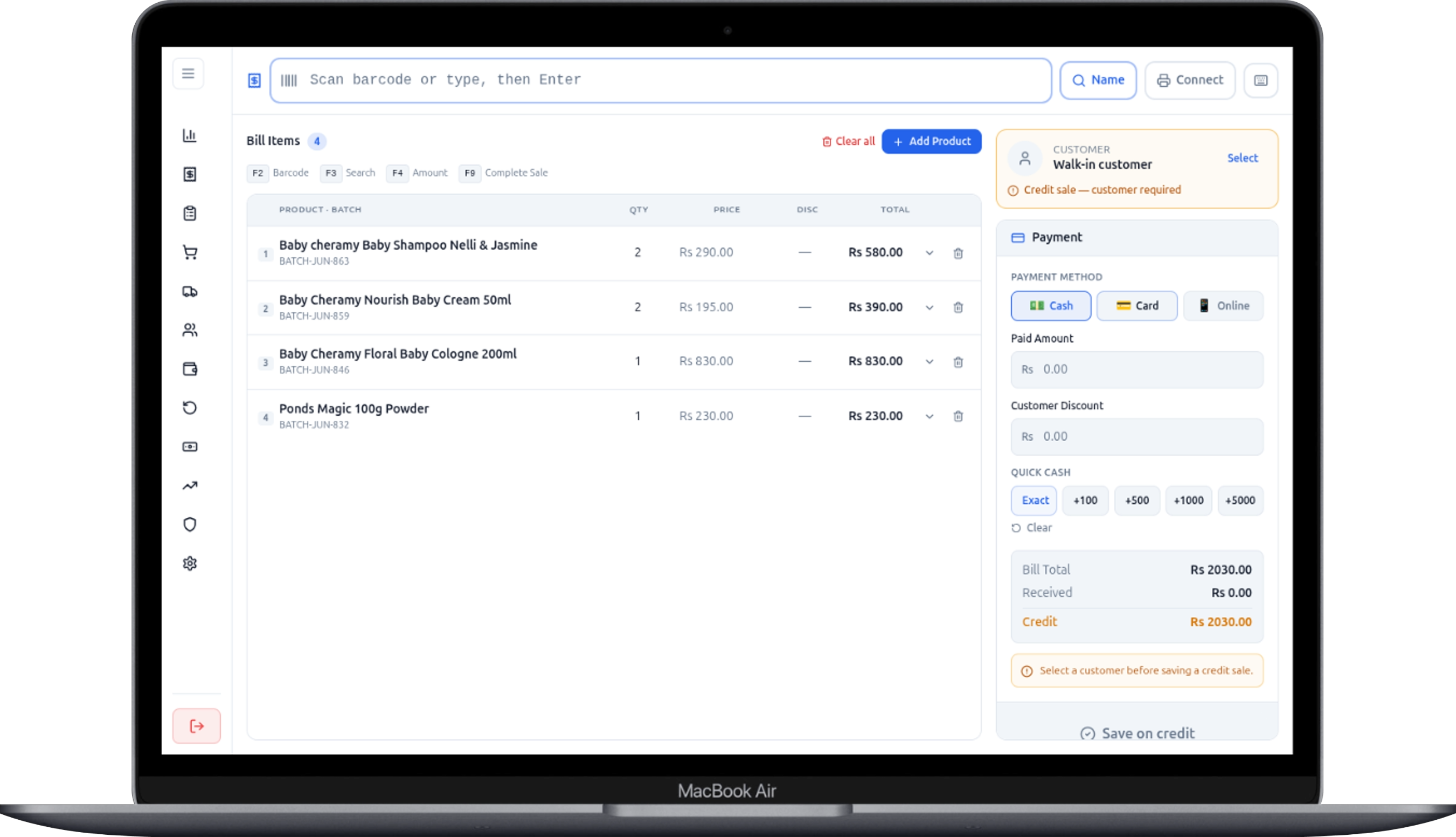POS system dashboard for pharmacy — billing, barcode scanning, inventory tracking, and customer management