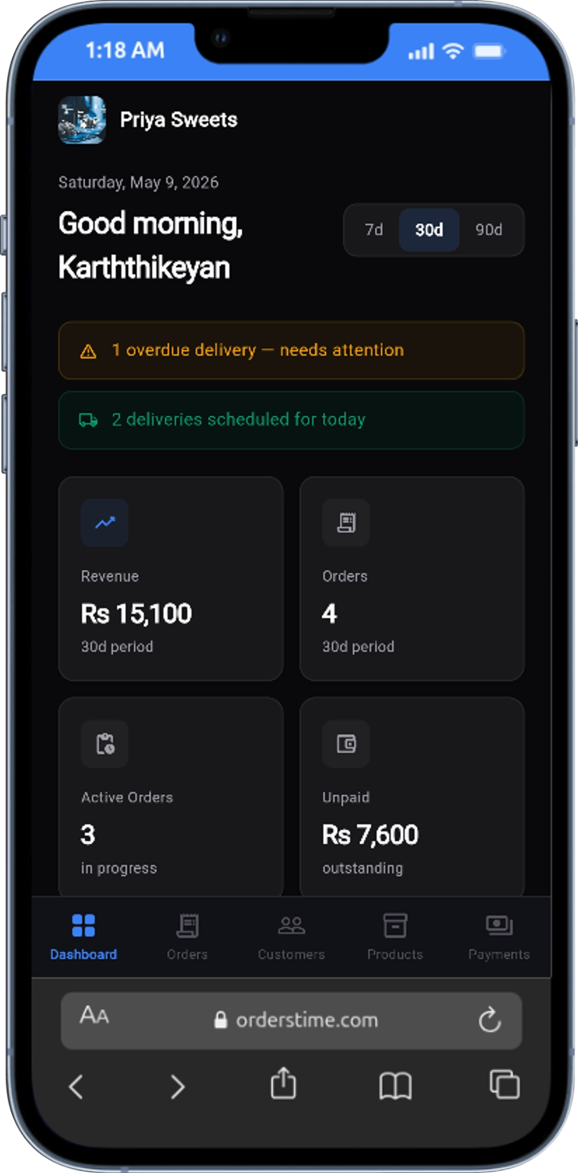 OrdersTime Android app — daily sales dashboard and business overview
