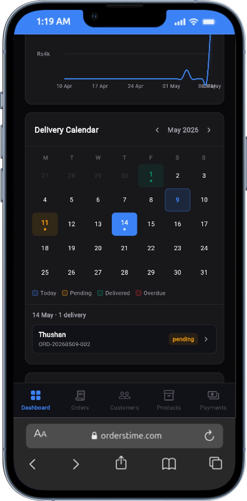 OrdersTime Android app — order list with delivery status and payment tracking