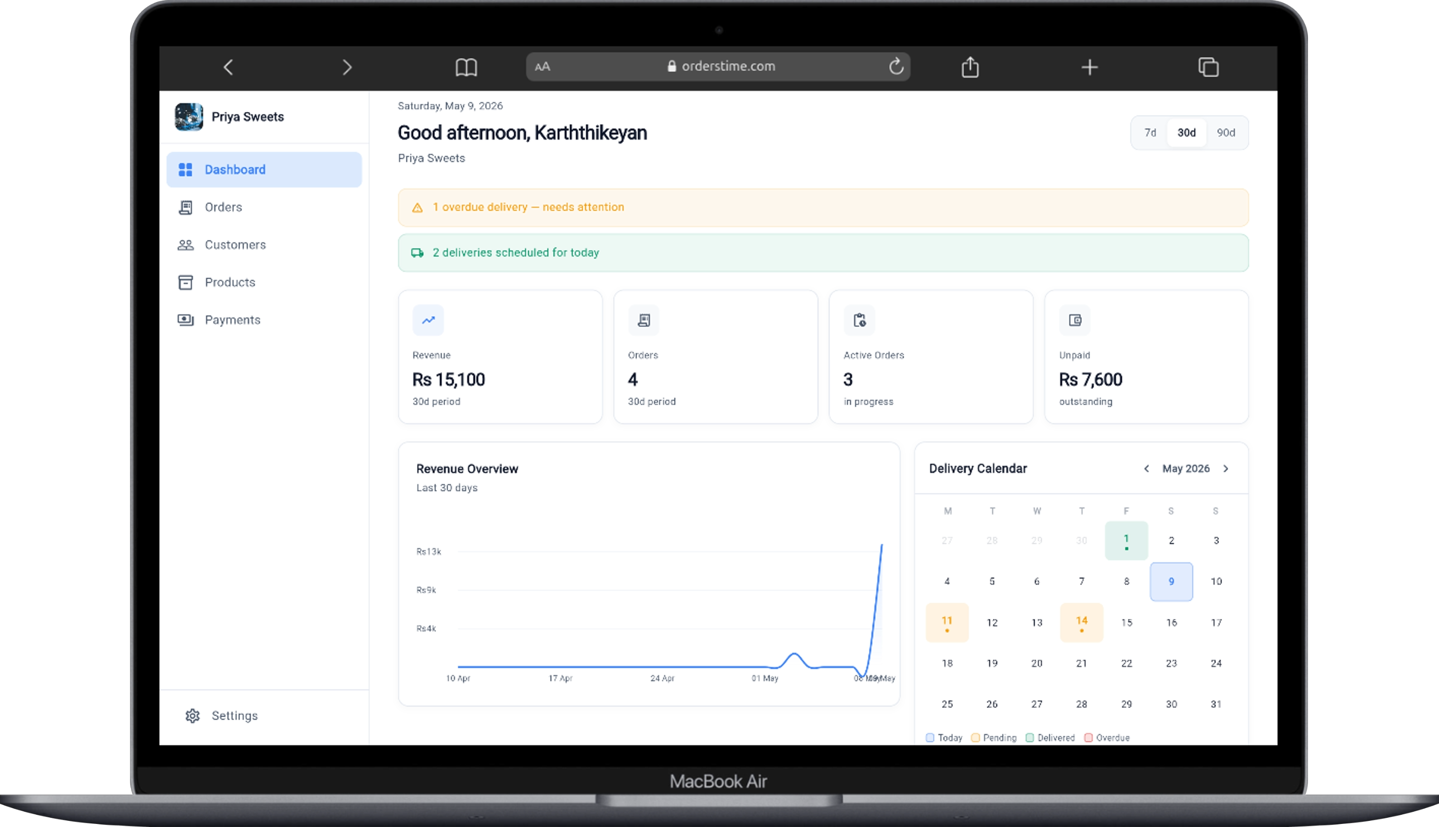 OrdersTime web dashboard — revenue tracking, order management, and customer overview