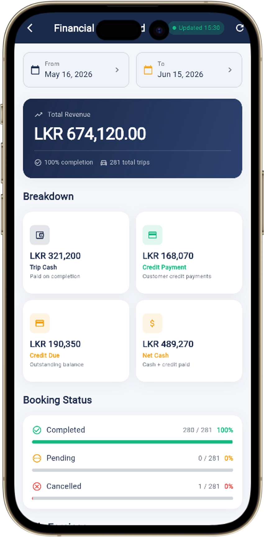 Taxi Booking Manager mobile app — financial tracking and customer SMS notifications