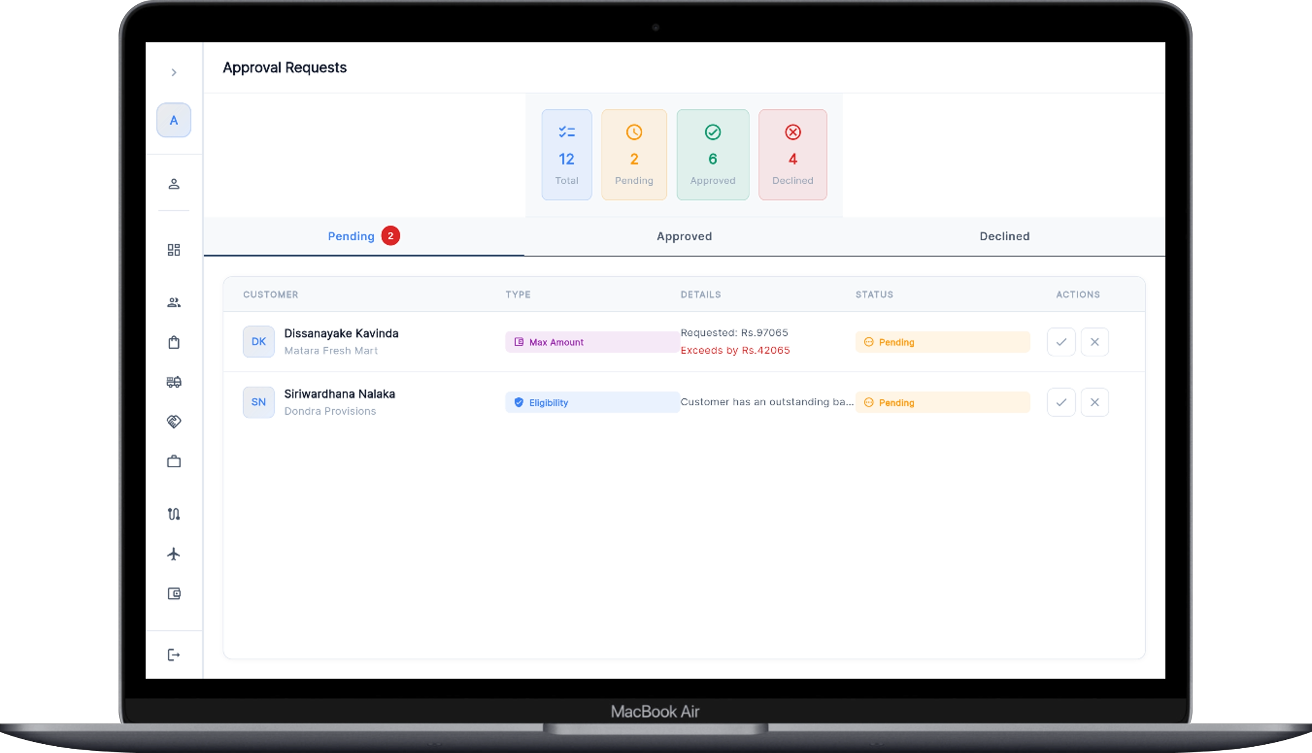 Approval requests — max amount and eligibility, pending / approved / declined