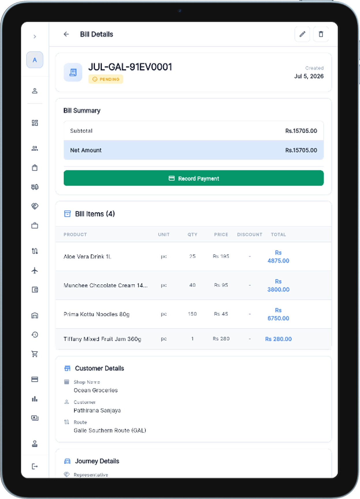 Bill details with items, customer and journey