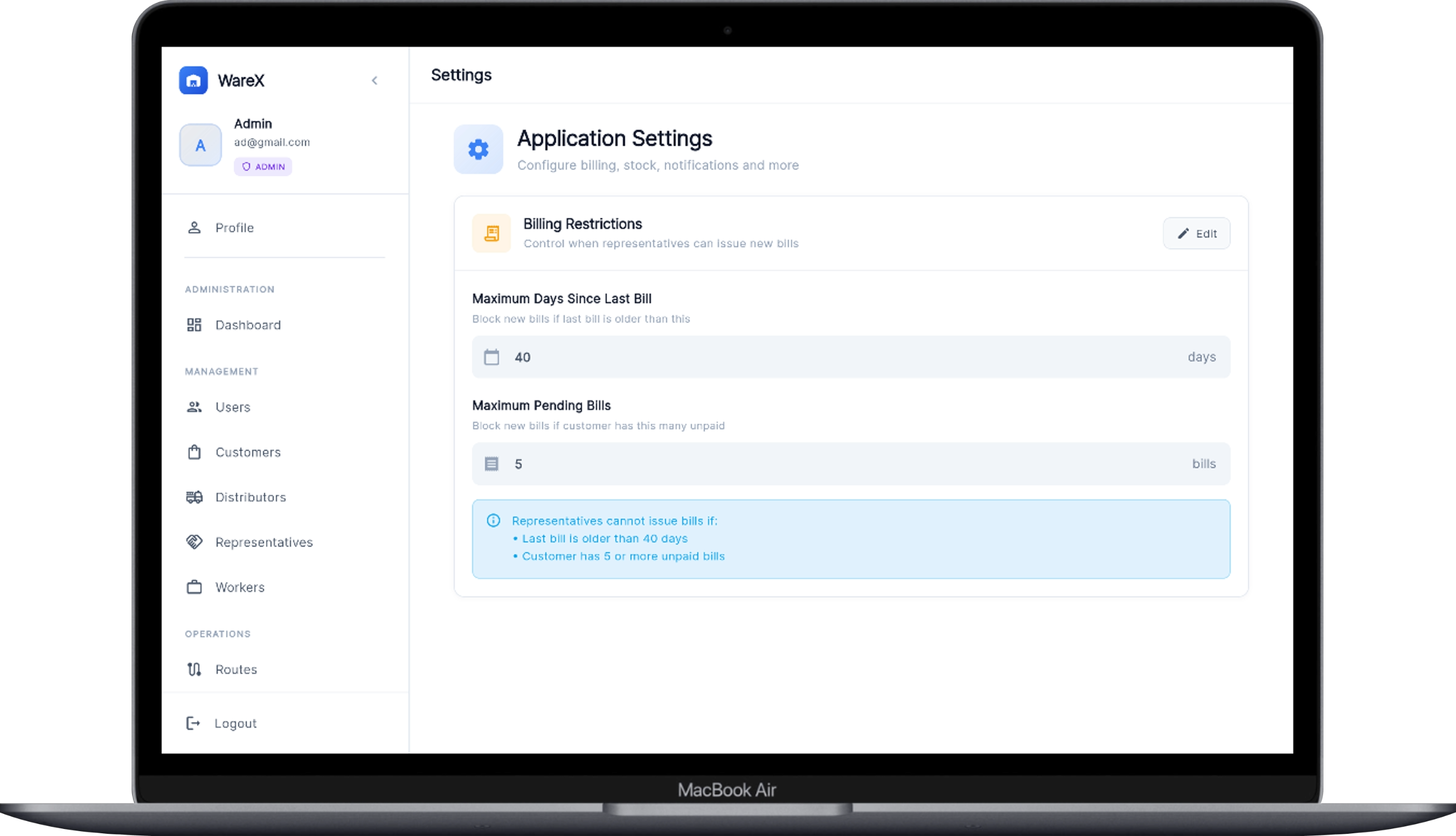 Billing restriction settings — max days since last bill and max pending bills