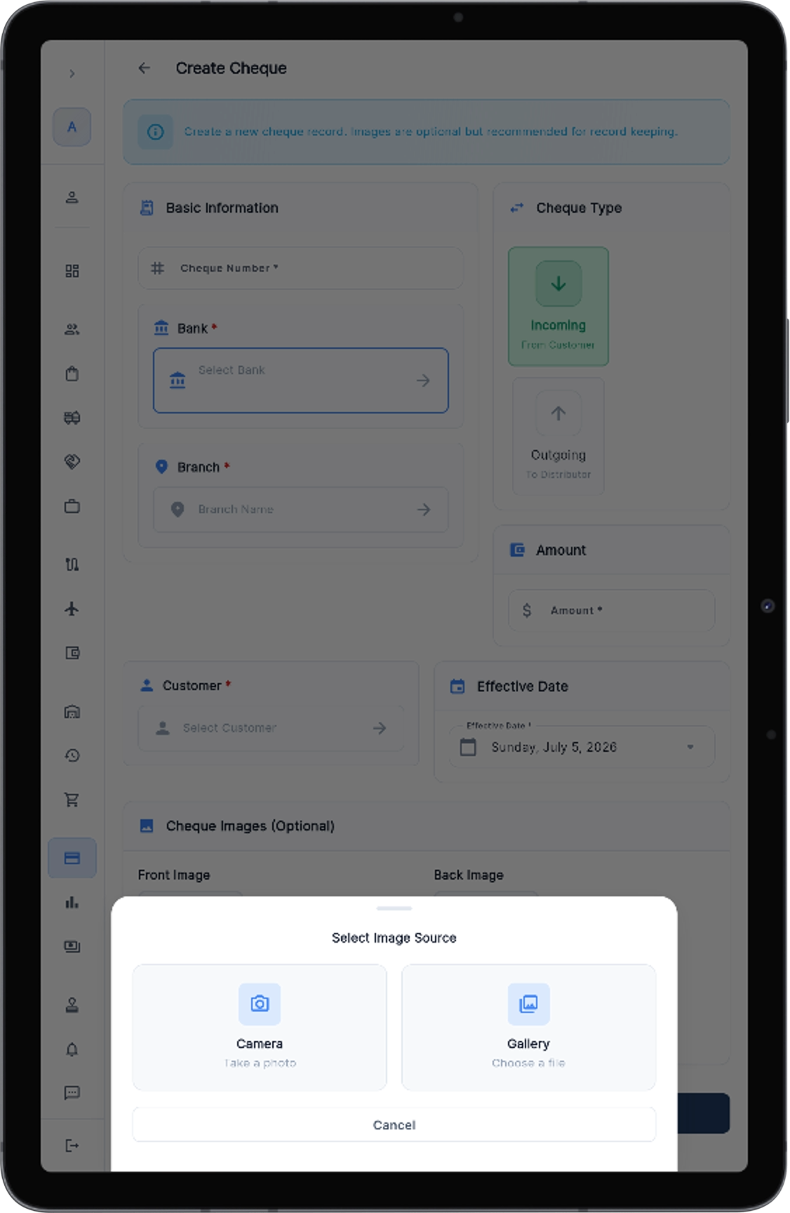 Create cheque with camera capture of front and back images