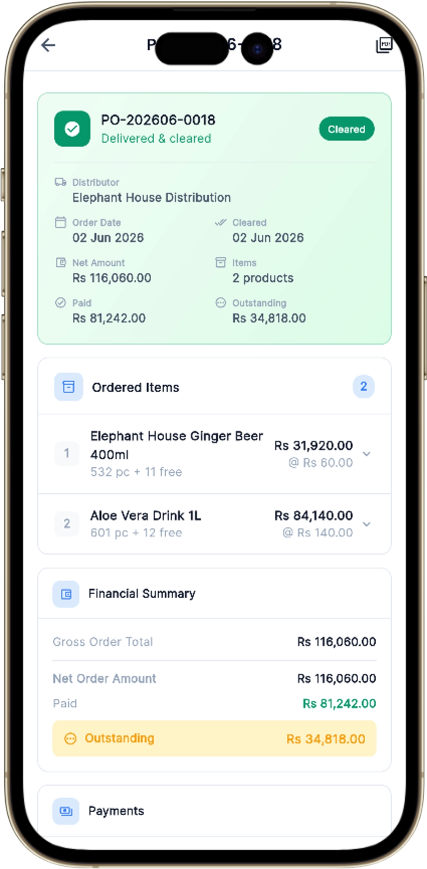 Purchase order detail on mobile