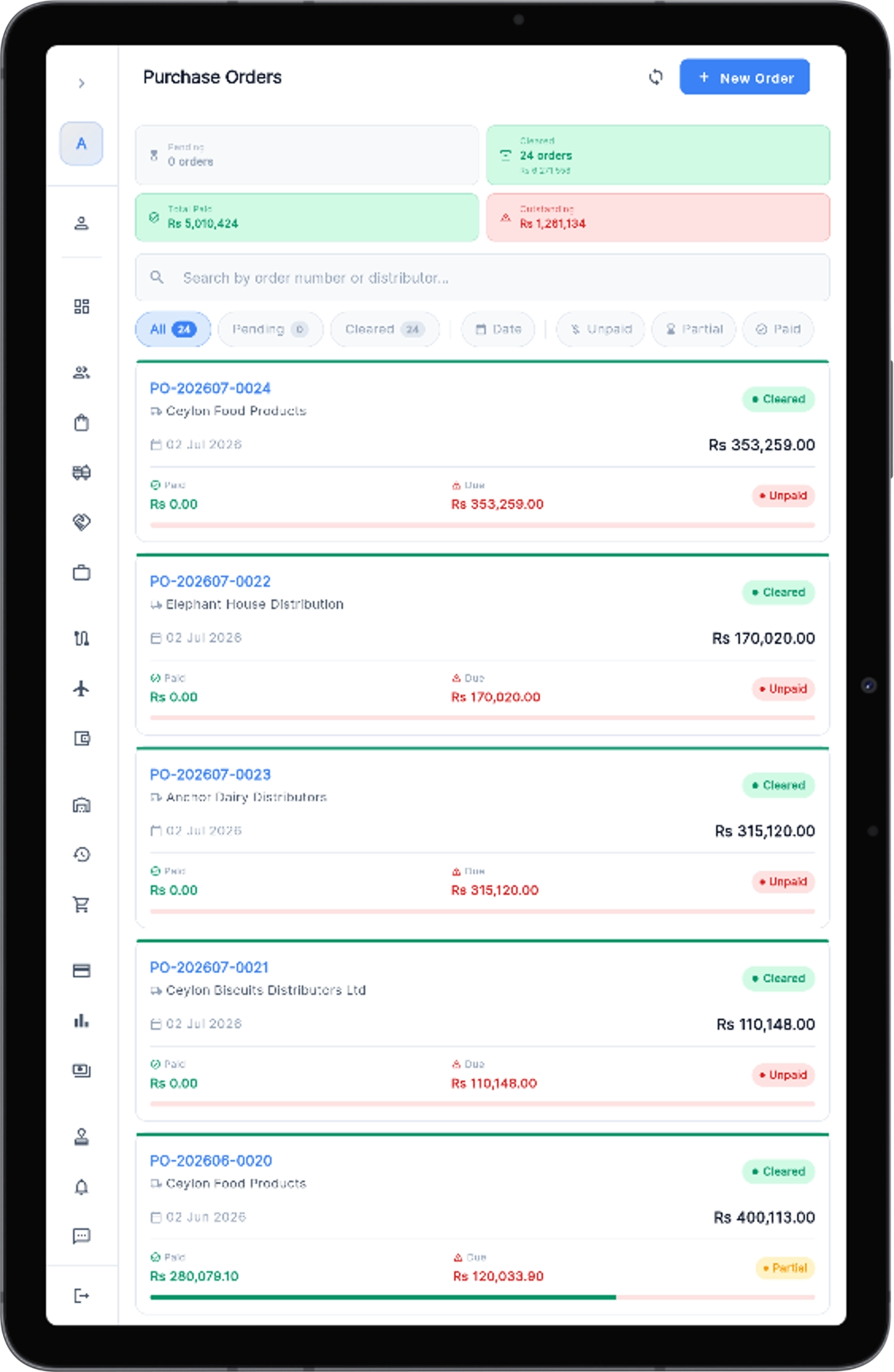 Purchase orders with paid, partial and unpaid status