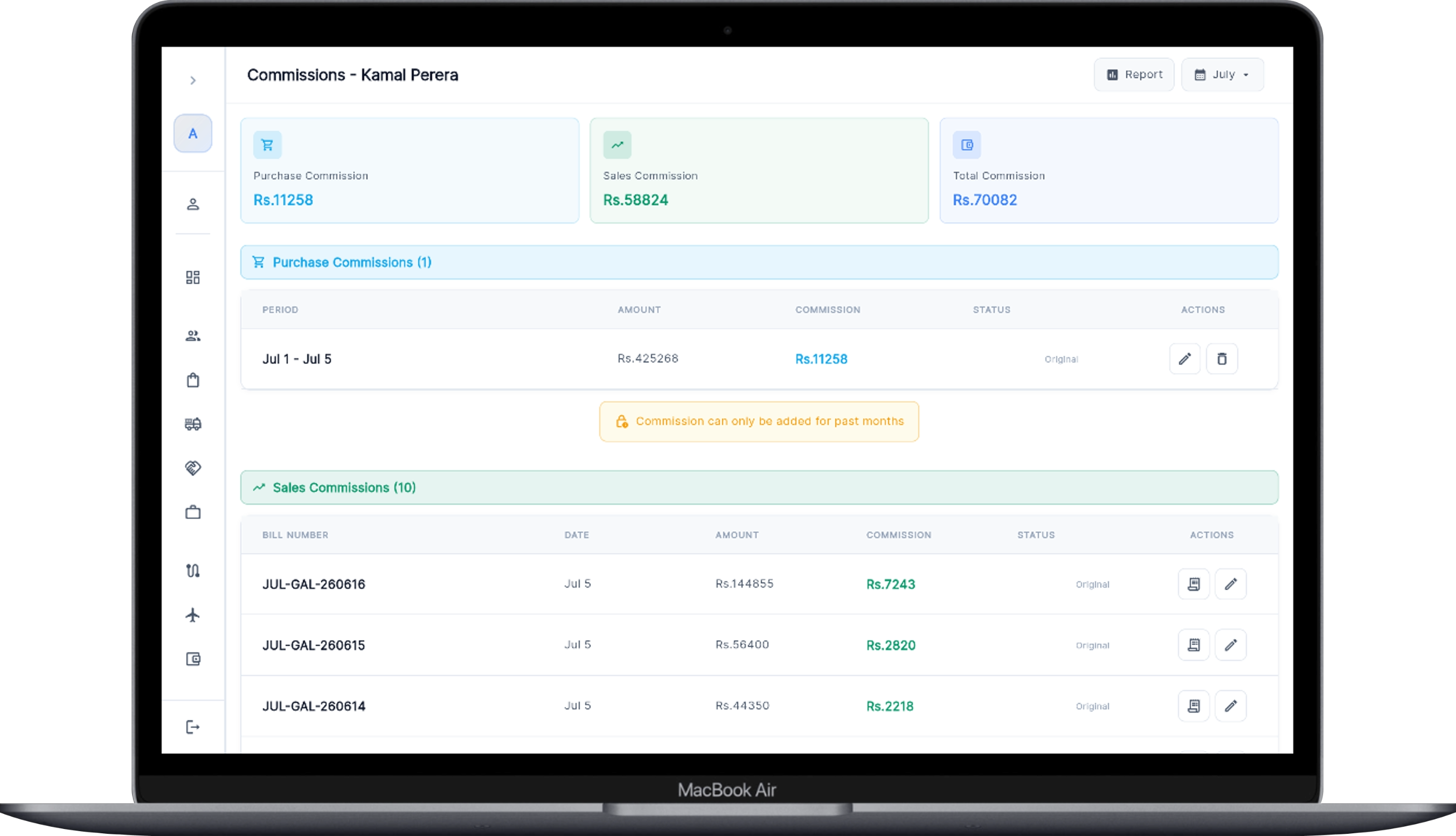 Rep commissions — purchase, sales and total, bill by bill