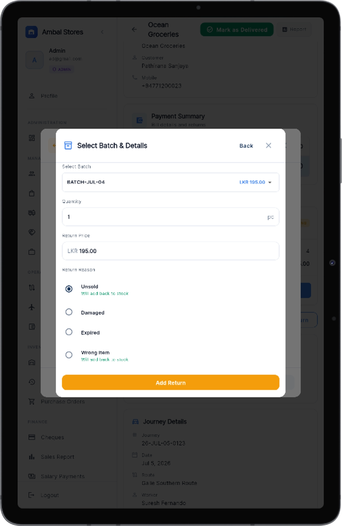 Return reason selection — unsold, damaged, expired, wrong item