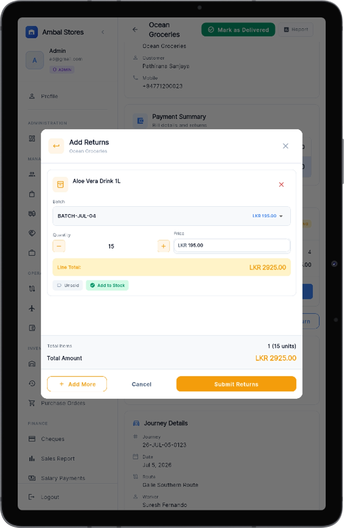 Adding returns with batch, quantity and line total