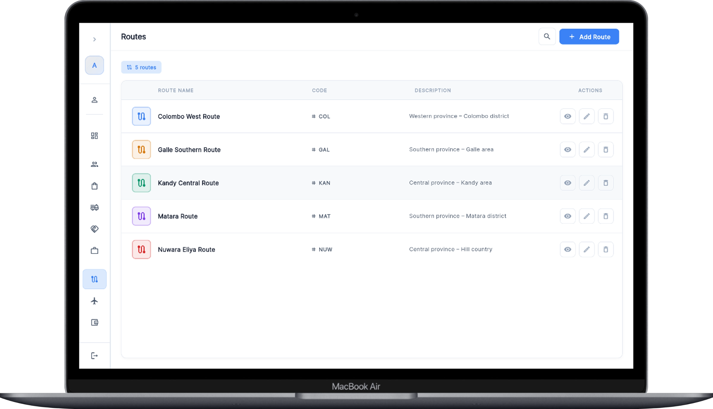 Routes screen with route codes and descriptions