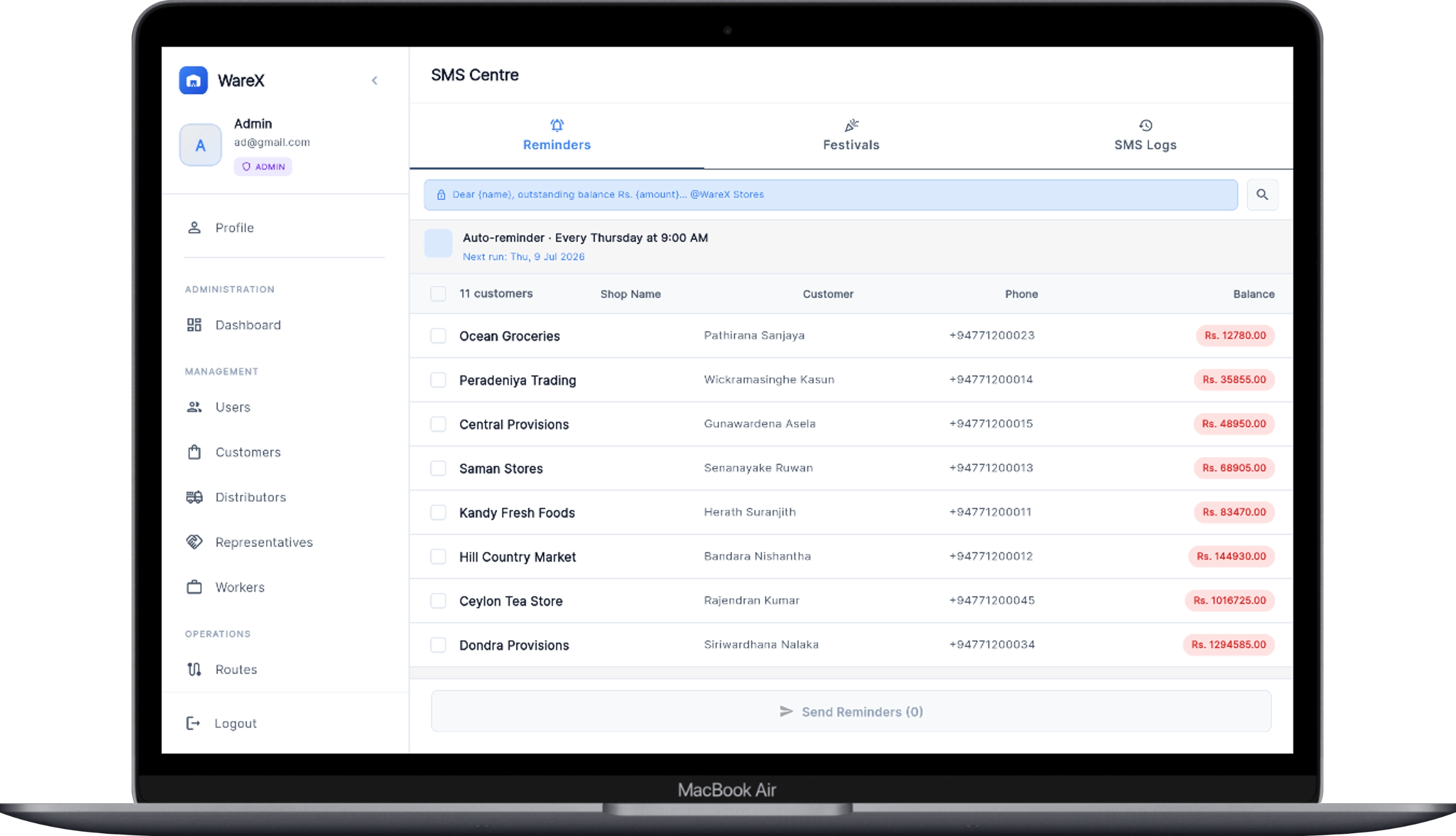 SMS Centre — auto reminders, festival SMS and logs