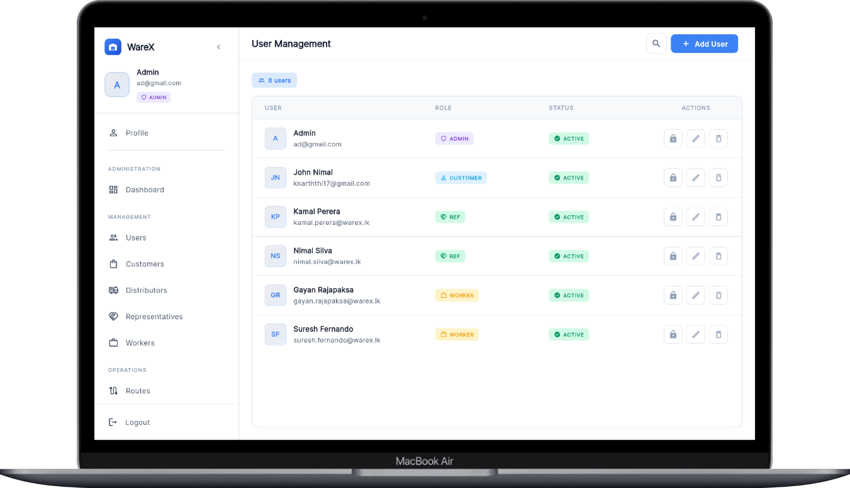 User Management screen with admin, ref, worker and customer roles